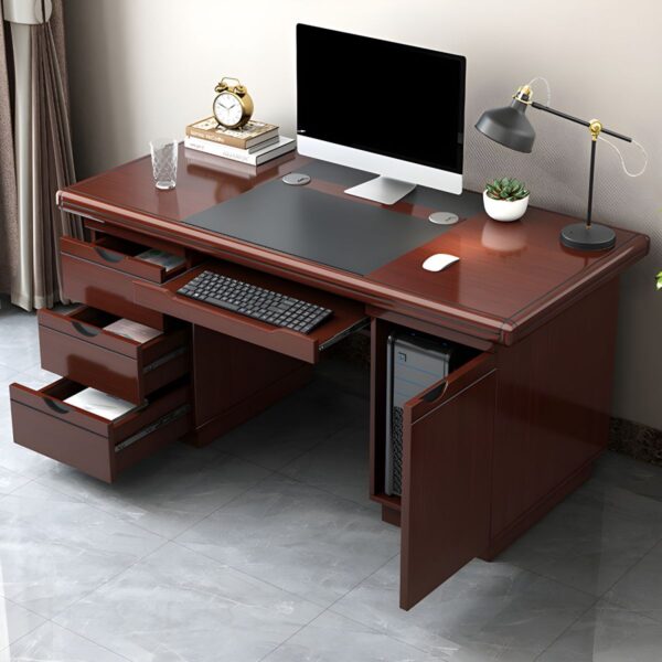 1200mm executive office desk, mahogany visitors seat, 2-door mahogany cabinet, wooden credenza, swivel stool