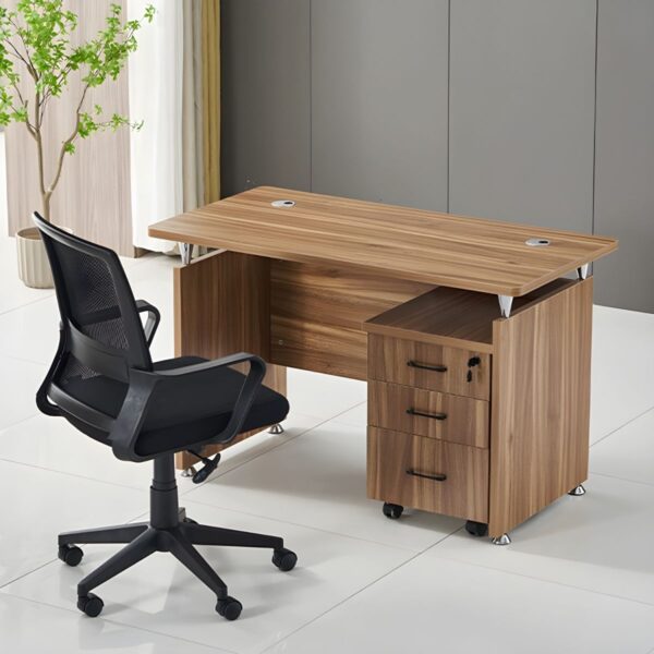 2m executive desk, filing cabinet with safe, bliss executive seat, mahogany visitors seat, 3-link waiting bench, reception desk, tosca visitors seat, 2-door mahogany cabinet