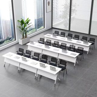 2.4m boardroom table, executive boardroom seats, 1.8m executive desk, orthopedic office seat, chrome visitors seats, 2-doors wooden cabinet, electrical office table, 6-way workstation, 15-locker filing cabinet, wooden credenza