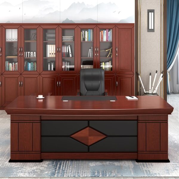 1.8m executive office desk, reclining executive office seat, 15-locker filing cabinet, 1-way workstation, clerical office seat, executive coffee table, 5-seater waiting sofa