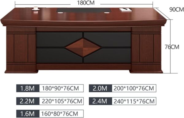 1.8m executive office desk, reclining executive office seat, 15-locker filing cabinet, 1-way workstation, clerical office seat, executive coffee table, 5-seater waiting sofa