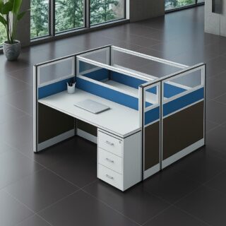1.2m executive desk, orthopedic reclining seat, 2-door wooden cabinet, 4-seater round conference table, tosca visitors seat, 4-way workstation, 15-locker filing cabinet, 5-seater waiting sofa,