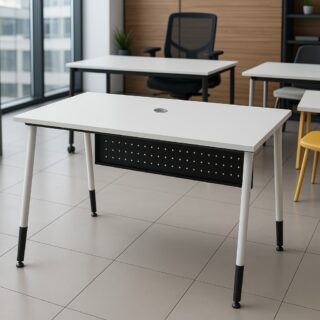 2m executive office desk, bliss executive seat, 4-drawers cabinet, 4-seater round table, chrome visitors seat, 6-way workstation, 3-drawers cabinet, clerical office seat