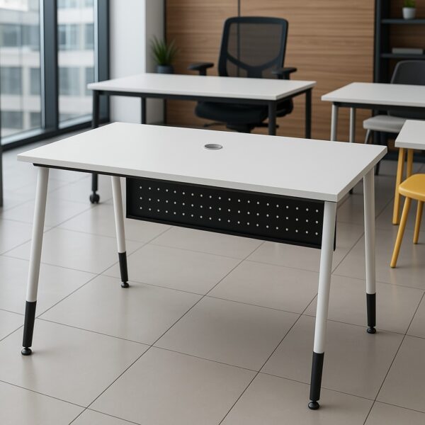 2m executive office desk, bliss executive seat, 4-drawers cabinet, 4-seater round table, chrome visitors seat, 6-way workstation, 3-drawers cabinet, clerical office seat