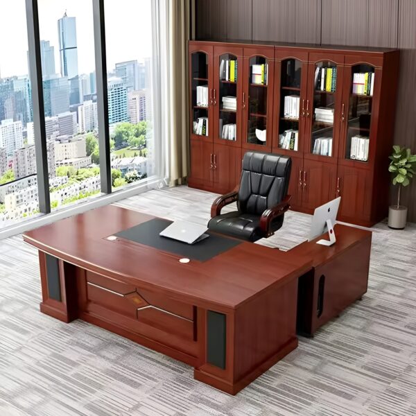 2m executive office desk, bliss executive seat, 4-drawers cabinet, 4-seater round table, chrome visitors seat, 6-way workstation, 3-drawers cabinet, clerical office seat