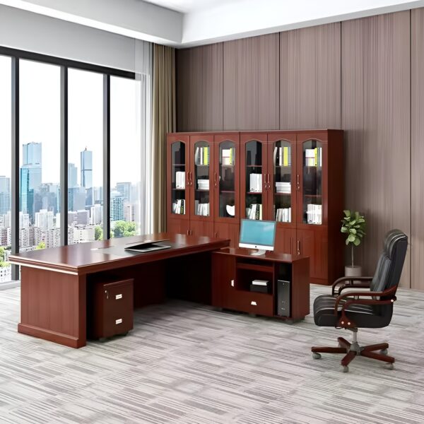 2m executive office desk, bliss executive seat, 4-drawers cabinet, 4-seater round table, chrome visitors seat, 6-way workstation, 3-drawers cabinet, clerical office seat