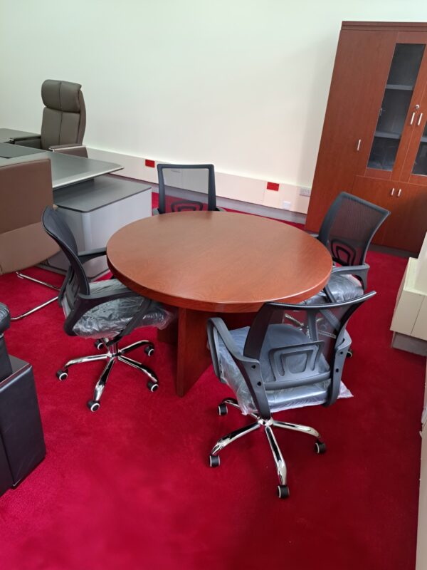 2m executive office desk, bliss executive seat, 4-drawers cabinet, 4-seater round table, chrome visitors seat, 6-way workstation, 3-drawers cabinet, clerical office seat