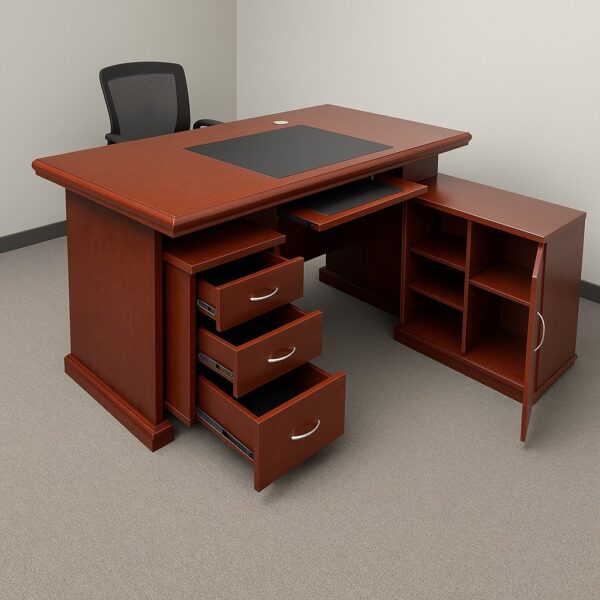 bliss executive seat, 2m executive desk, 2-door wooden cabinet, 5-seater executive sofa, 2.4m boardroom table, mesh boardroom seat, executive coat hanger, 4-drawers fireproof safe box
