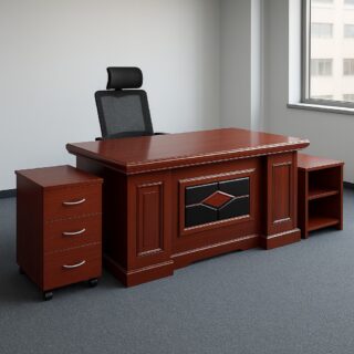 bliss executive seat, 2m executive desk, 2-door wooden cabinet, 5-seater executive sofa, 2.4m boardroom table, mesh boardroom seat, executive coat hanger, 4-drawers fireproof safe box