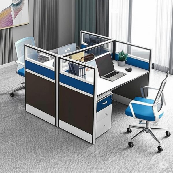 2m executive office desk, bliss executive seat, 4-drawers cabinet, 4-seater round table, chrome visitors seat, 6-way workstation, 3-drawers cabinet, clerical office seat