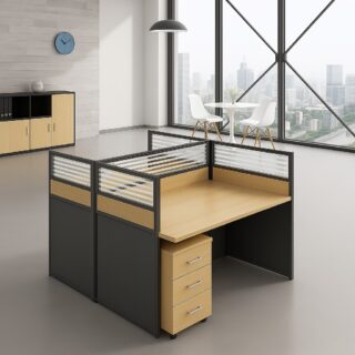 2m executive office desk, bliss executive seat, 4-drawers cabinet, 4-seater round table, chrome visitors seat, 6-way workstation, 3-drawers cabinet, clerical office seat