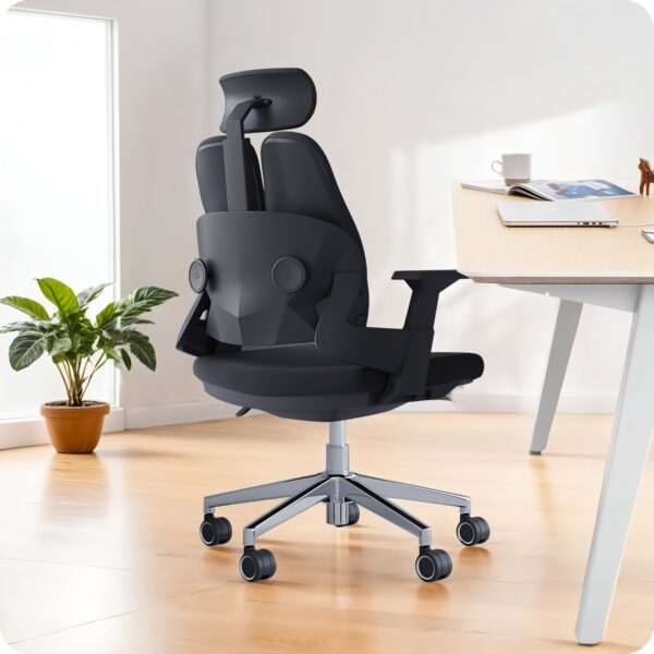 4-seater round table, tosca visitors seat, dual orthopedic seat, 1.2m advanced desk, 3-drawers filing cabinet, dining table, eames chair