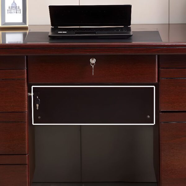 2m executive office desk, bliss executive seat, 4-drawers cabinet, 4-seater round table, chrome visitors seat, 6-way workstation, 3-drawers cabinet, clerical office seat