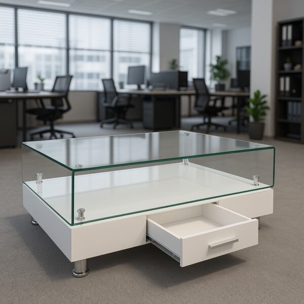 dining table, eames dining chairs, mahogany cot hanger, full metallic cabinet, 4-link waiting bench, office combination, 1-way workstation
