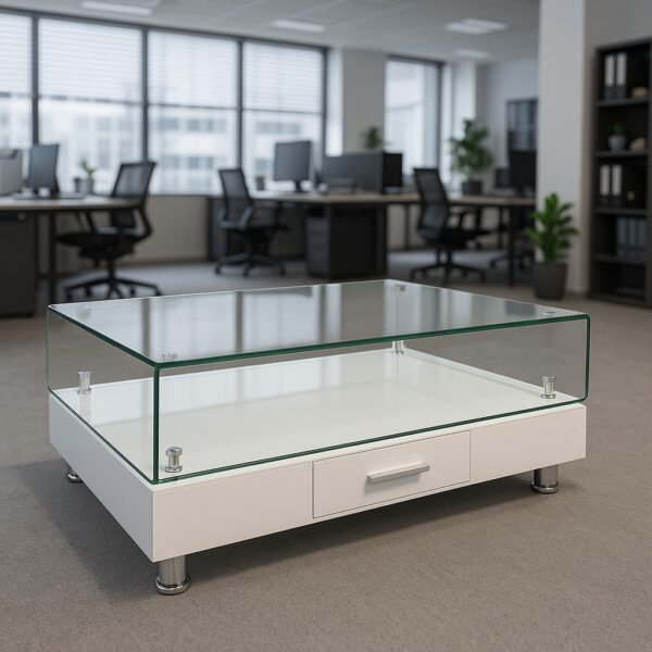 dining table, eames dining chairs, mahogany cot hanger, full metallic cabinet, 4-link waiting bench, office combination, 1-way workstation