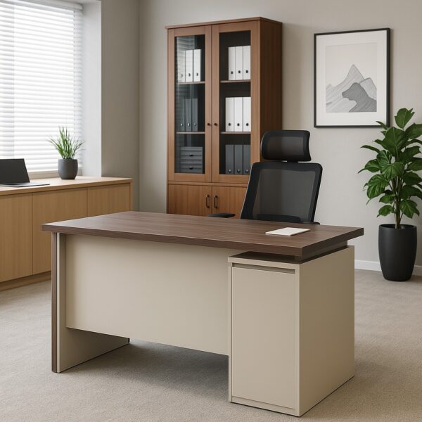 2-door wooden credenza, swivel adjustable stool, executive glass coffee table, 1.4m executive desk, executive office seat, mesh visitors seat, 3-drawers cabinet