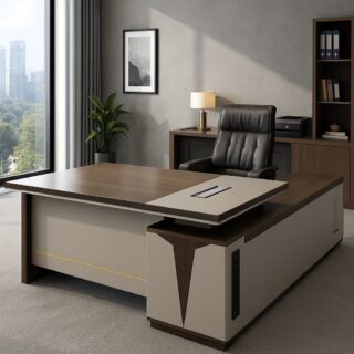 2-door wooden credenza, swivel adjustable stool, executive glass coffee table, 1.4m executive desk, executive office seat, mesh visitors seat, 3-drawers cabinet
