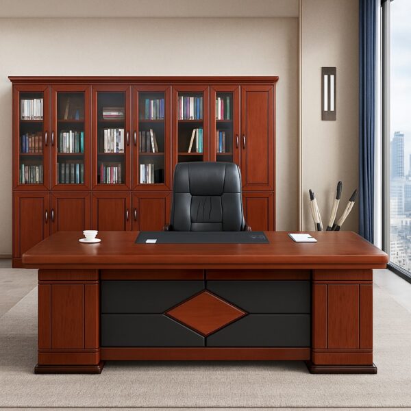 2-door wooden credenza, swivel adjustable stool, executive glass coffee table, 1.4m executive desk, executive office seat, mesh visitors seat, 3-drawers cabinet