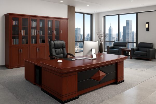2-door wooden credenza, swivel adjustable stool, executive glass coffee table, 1.4m executive desk, executive office seat, mesh visitors seat, 3-drawers cabinet