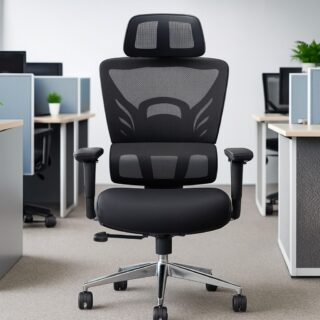 1.2m executive desk, orthopedic reclining seat, 2-door wooden cabinet, 4-seater round conference table, tosca visitors seat, 4-way workstation, 15-locker filing cabinet, 5-seater waiting sofa,