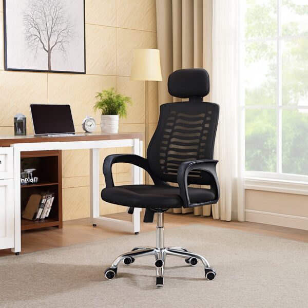 1.2m executive desk, orthopedic reclining seat, 2-door wooden cabinet, 4-seater round conference table, tosca visitors seat, 4-way workstation, 15-locker filing cabinet, 5-seater waiting sofa,
