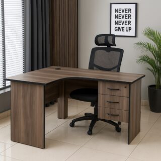1.4m executive office desk, ergonomic office seat, 1.2m executive coffee table, 4-way workstation, strong mesh office seat, 2.4m boardroom table, executive boardroom seat, 1.6m reception desk, 5-seater waiting sofa, cabinet with safe