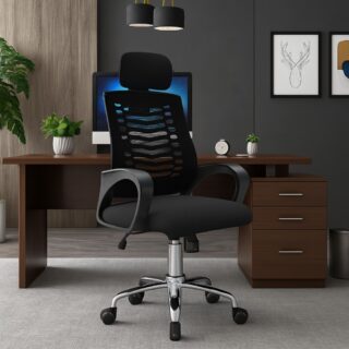 1.8m executive office desk, reclining executive office seat, 15-locker filing cabinet, 1-way workstation, clerical office seat, executive coffee table, 5-seater waiting sofa