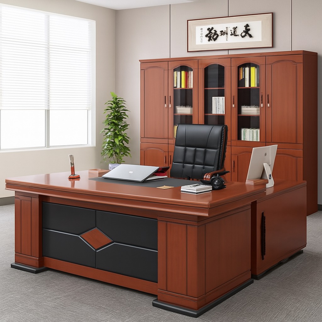 1.8m executive office desk, reclining executive office seat, 15-locker filing cabinet, 1-way workstation, clerical office seat, executive coffee table, 5-seater waiting sofa