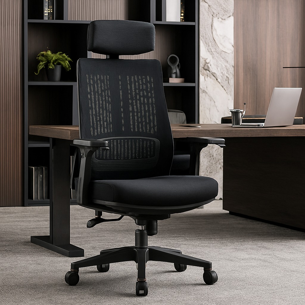 1.8m executive desk, reclining director's seat, 4-drawers filing cabinet, tosca visitors seat, 4-way workstation, ergonomic office seat, 1.8m reception desk, headrest office seat, 1.2m executive coffee table