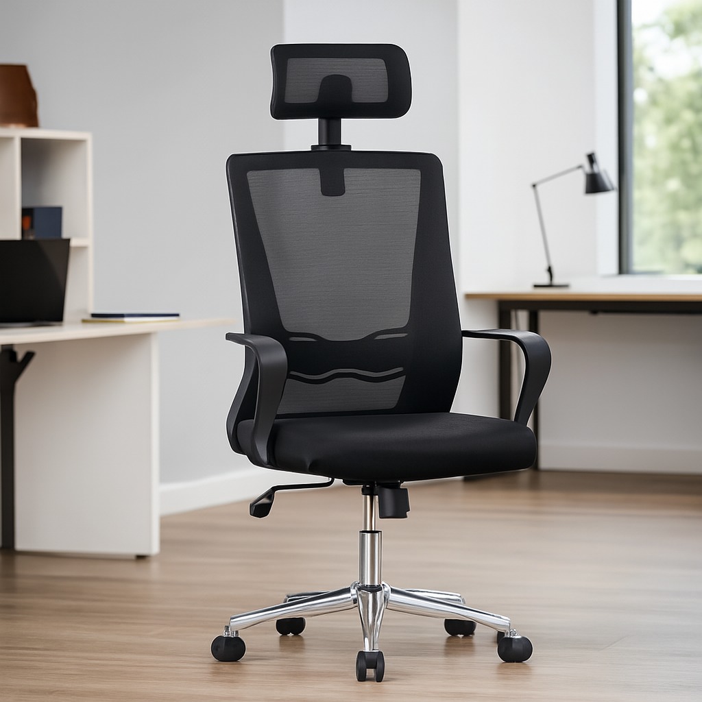 1.4m executive office desk, ergonomic office seat, 1.2m executive coffee table, 4-way workstation, strong mesh office seat, 2.4m boardroom table, executive boardroom seat, 1.6m reception desk, 5-seater waiting sofa, cabinet with safe