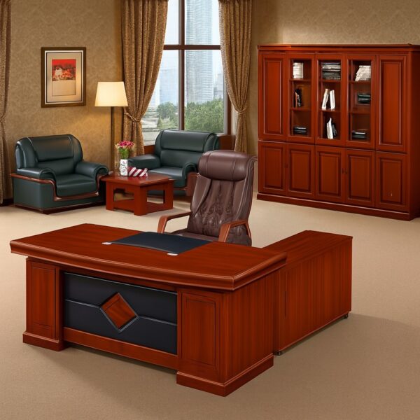 1.2m executive desk, orthopedic reclining seat, 2-door wooden cabinet, 4-seater round conference table, tosca visitors seat, 4-way workstation, 15-locker filing cabinet, 5-seater waiting sofa,