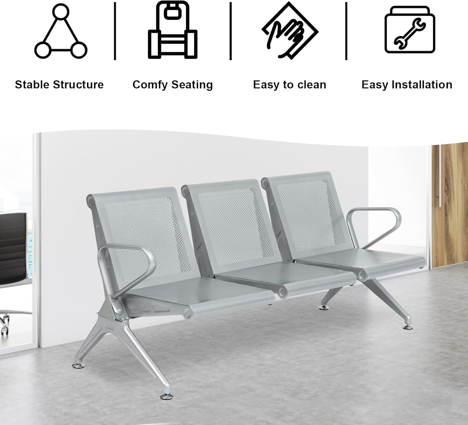 5-seater black sofa, 3-seater waiting bench, catalina office seat, butterfly office seat, 1800mm executive office desk,