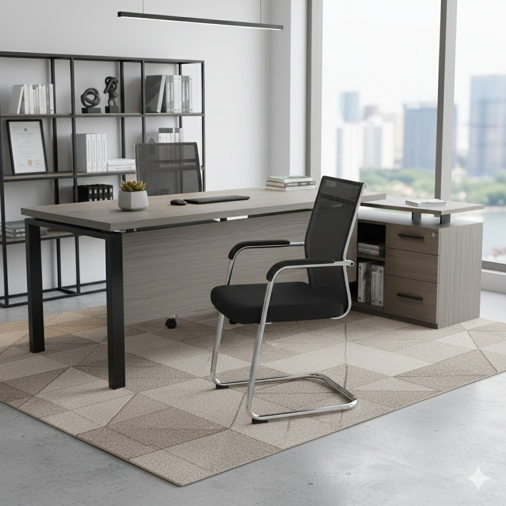 clerical office seat, 2.4m boardroom table, 3-link waiting bench, electrical adjustable table, wooden credenza, eames seat, dining table, 2.4m executive desk, orthopedic office seat