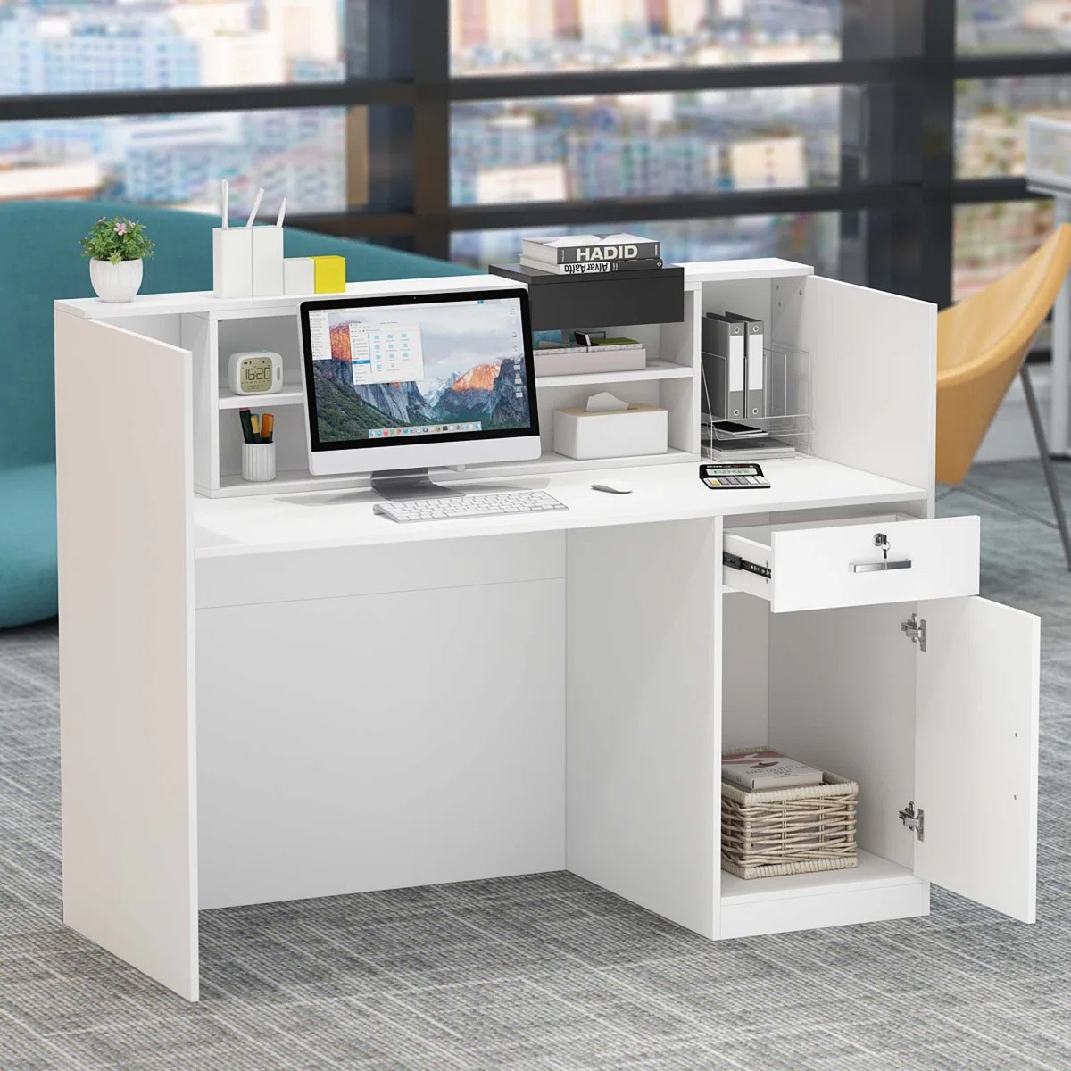 2400mm boardroom table, 3-link waiting bench, 4 Drawer Steel Cabinet, 5-seater reception sofa, boardroom table chairs, Ergonomic Office Chair, fireproof safes, strong mesh office seat