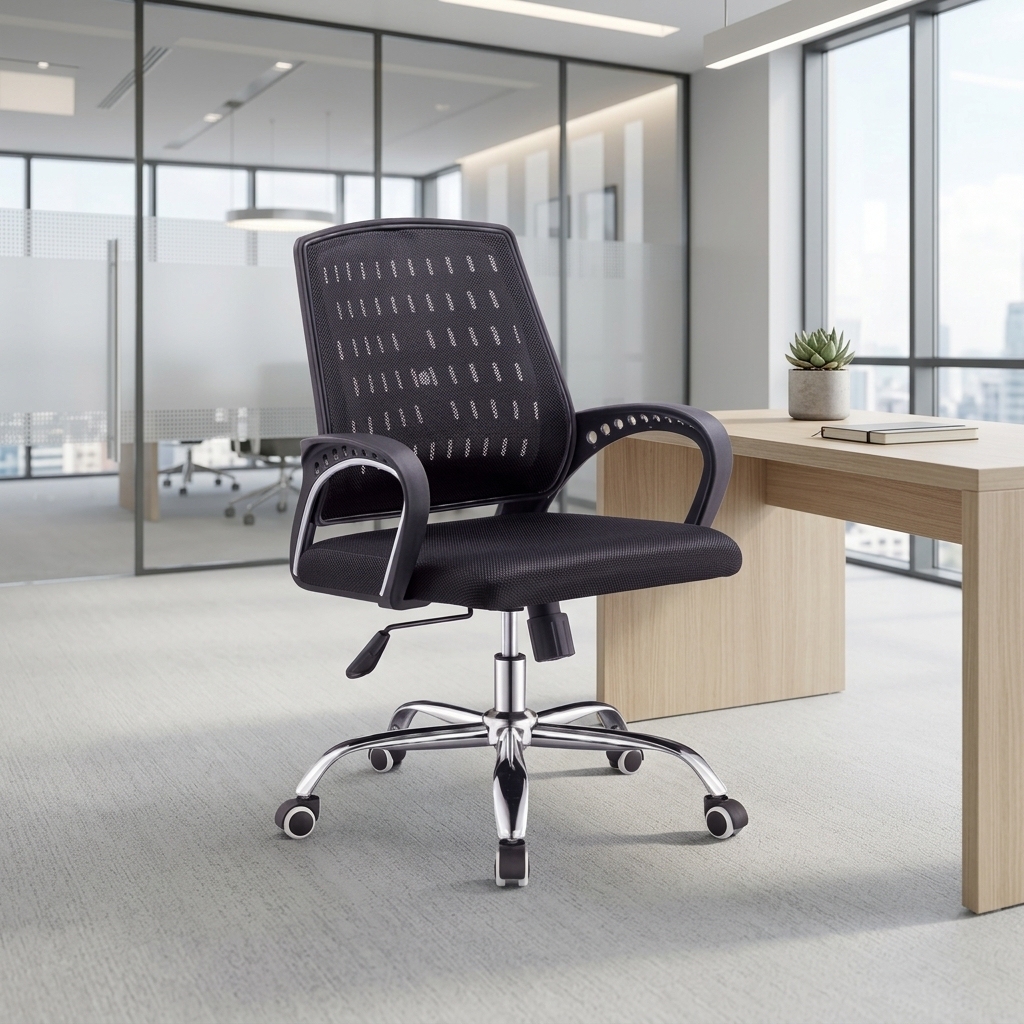 2000mm executive office desk, 2400mm boardroom table, 3-door mahogany filling cabinet, Backmesh Office Chair, Cashiers Seat, fordable chair, Visitors Waiting Chair No